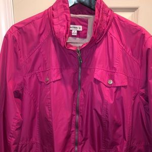 Zip up wind jacket; bright fuschia pink. Cute back waist detail.